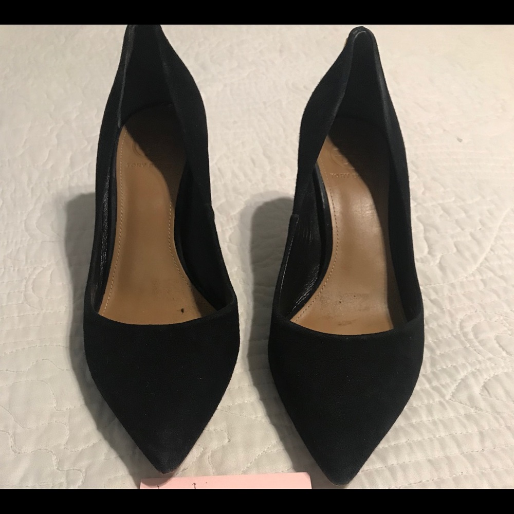 TB black suede heels